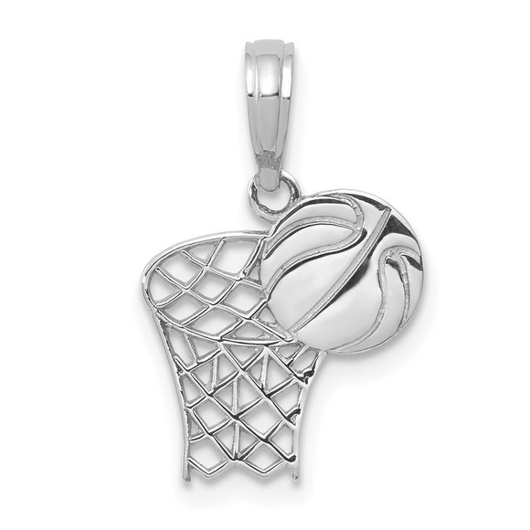 14K White Gold Genuine Sports Basketball Hoop And Ball Necklace Charm Pendant - Picture 1 of 5